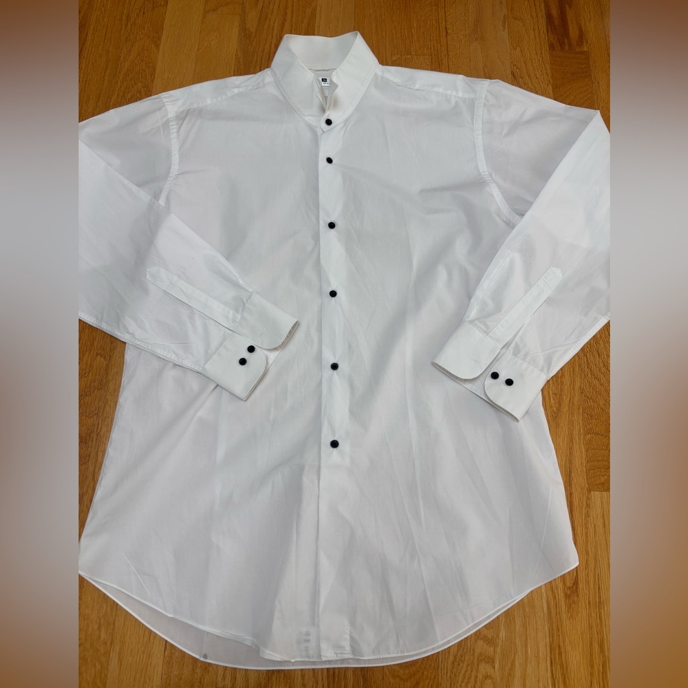 EUC Pierre Balmain White Dress Shirt wing collar 39 M L black buttons formal